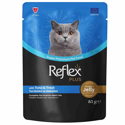 Reflex Plus Jöle İçinde Et Parçacıklı Ton Balıklı ve Alabalıklı Kedi Konservesi 85g